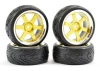 Fastrax 1:10 Street Treaded Tyres on 6 Spoke Gold/Chrome Wheels (4)