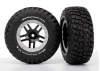 Traxxas Tires wheels assembled glued (SCT Split-Spoke black satin chrome beadlock wheels BFGoodrich Mud-Terrain T/A KM2 tire foam inserts) (2) (4WD f/r 2WD rear)