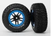 Traxxas Tire wheel assy glued (SCT Split-Spoke black blue beadlock wheels BFGoodrich Mud-Terrain T/A KM2 tire inserts) (2) (4WD f/r 2WD rear)