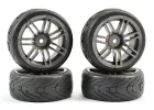 Fastrax 1:10 Street Treaded Tyres on 14 Spoke Gun Metal Wheels (4)