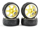 Fastrax 1:10 Street Treaded Tyres on 6 Spoke Gold/Chrome Wheels (4)