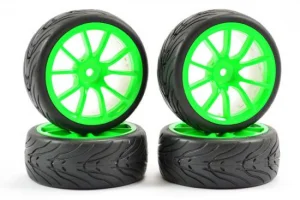 Fastrax 1:10 Street Treaded Tyres on 10 Spoke Neon Green Wheels (4)