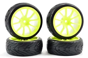 Fastrax 1:10 Street Treaded Tyres on 10 Spoke Neon Yellow Wheels (4)