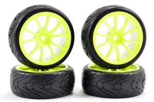 Fastrax 1:10 Street Treaded Tyres on 10 Spoke Neon Yellow Wheels (4)