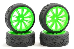 Fastrax 1:10 Street Treaded Tyres on 20 Spoke Neon Green Wheels (4)