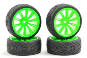 Fastrax 1:10 Street Treaded Tyres on 20 Spoke Neon Green Wheels (4)