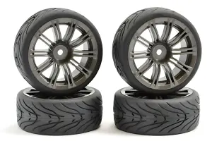 Fastrax 1:10 Street Treaded Tyres on 20 Spoke Gun Metal Wheels (4)