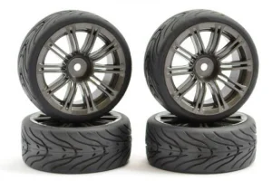 Fastrax 1:10 Street Treaded Tyres on 20 Spoke Gun Metal Wheels (4)