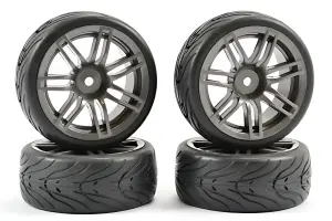 Fastrax 1:10 Street Treaded Tyres on 14 Spoke Gun Metal Wheels (4)