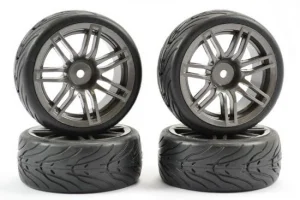 Fastrax 1:10 Street Treaded Tyres on 14 Spoke Gun Metal Wheels (4)