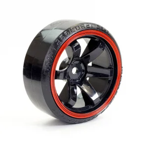 Fastrax 1:10 Street Drift Tyres Pre Mounted on 6-Spoke Black/Red Wheels 12mm hex (6mm Offset) (4)
