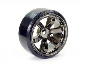 Fastrax 1:10 Street Drift Tyres Pre Mounted on 6-Spoke Grey Shadow Chrome Wheels (6mm Offset) 12mm hex (4)