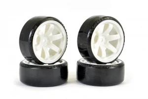 Fastrax 1:10 Street Drift Tyres Pre Mounted on 6-Spoke White Wheels 12mm hex (6mm Offset) (4)