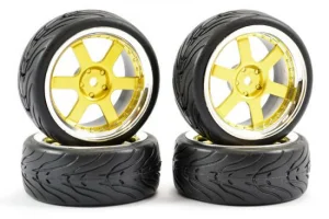 Fastrax 1:10 Street Treaded Tyres on 6 Spoke Gold/Chrome Wheels (4)