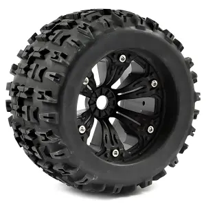 Fastrax Jigsaw 1:8 MT Tyres Mounted on Spoked Black Half Inch Offset Wheels (2)