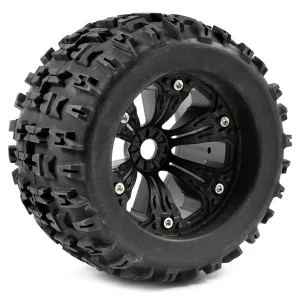 Fastrax Jigsaw 1:8 MT Tyres Mounted on Spoked Black Half Inch Offset Wheels (2)