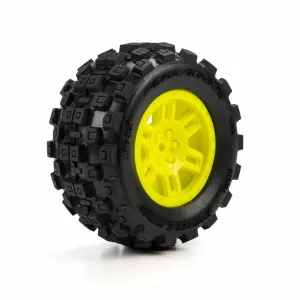 ProLine 1:16 Badlands MX Tires Mounted on Yellow Split Six 12mm Hex Wheels (2)