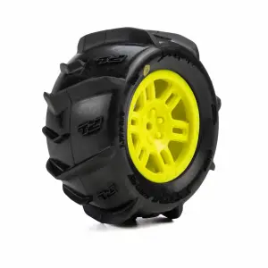 ProLine 1:16 Dumont Paddle Tires Mounted on Yellow Split Six 12mm Hex Wheels (2)