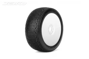 Jetko Block In Soft 1:8 Buggy Tyres Pre Glued on White Revo Rims (2)