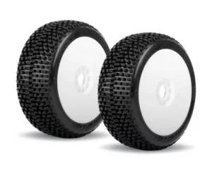Jetko Dirt Slinger Soft 1:8 Buggy Tyres Pre Glued on White Revo Rims (2)