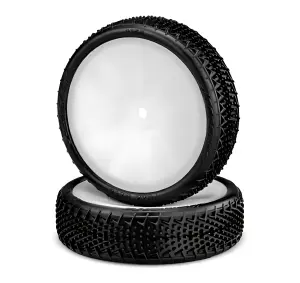JConcepts Fuzz Bite LP 2WD Slim Buggy Front Tyres - Pink - Pre Mounted on White Wheels (2)