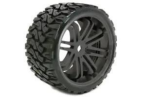 Sweep Terrain Crusher Belted Tyres Mounted on Black 17mm Hex 1/4 Inch Offset Wheels (2)