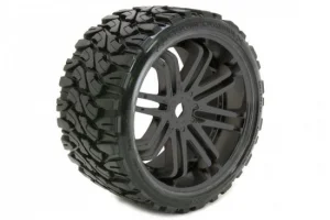 Sweep Terrain Crusher Belted Tyres Mounted on Black 17mm Hex 1/4 Inch Offset Wheels (2)