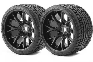 Sweep Road Crusher Belted Road Truggy/MT Tyres on Black 17mm Hex - 1/2 Inch Offset Wheels - 1 Pair