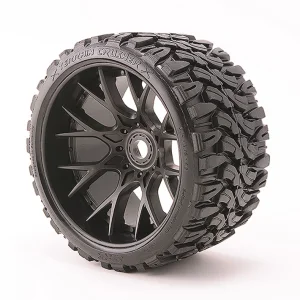 Sweep Terrain Crusher Belted Tyres Mounted on Black 17mm Hex 1/2 Inch Offset Wheels - 1 Pair