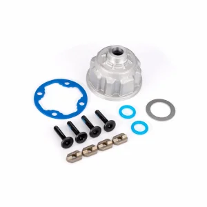 Traxxas Carrier, differential (aluminium)/ o-ring gaskets (2)/ ring gear gasket/ spacers (4)/ 12.2x18x0.5 MW/ 3x15mm flat-head machine screws (with threadlock) (4)