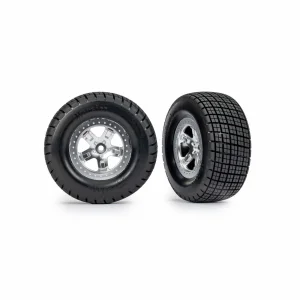 Traxxas Tyres + wheels, assembled, glued (SCT, satin chrome wheels, beadlock type (dual profile 2.2in outer 3.0in inner, Hoosier tyres, foam inserts) (2) (4WD front/rear, 2WD rear only)