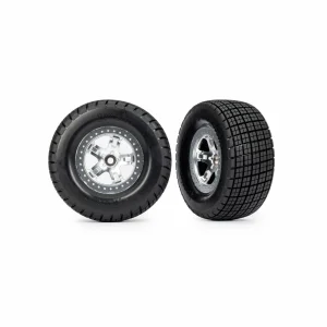 Traxxas Tyres + wheels, assembled, glued (SCT, satin chrome wheels, beadlock type (dual profile 2.2in outer 3.0in inner, Hoosier tyres, foam inserts) (2) (2WD front)