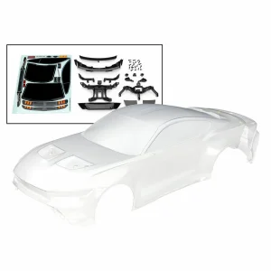 Traxxas Body, Ford Mustang (clear, trimmed, requires painting)/ decal sheet (includes side mirrors, spoiler, grilles, vents, hardware, + clipless mounting)