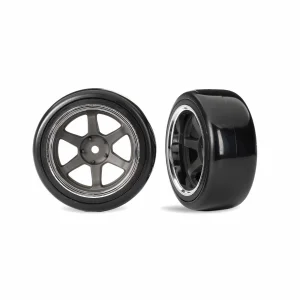 Traxxas Tyres + wheels, assembled (six spoke graphite gray wheels w/chrome rim, 1.9 Drift tyres (2 dots, soft, smooth surfaces) (wide, rear) (2) ** CLEARANCE **