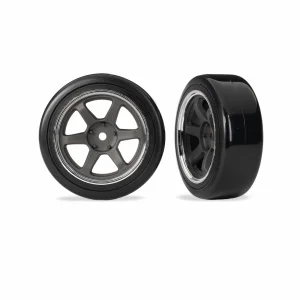 Traxxas Tyres + wheels, assembled (six spoke graphite gray wheels w/chrome rim, 1.9 Drift tyres (2 dots, soft, smooth surfaces) (front) (2)