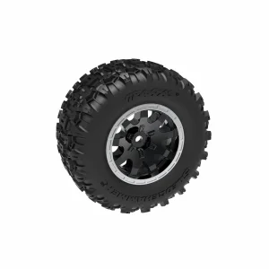 Traxxas Tyres + wheels, assembled (black with satin beadlock wheels, dual profile (2.1 outer, 2.6 inner), Sledgehammer tyres, foam inserts) (rear) (2)