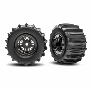 Traxxas Wheels + Tyres, assembled, glued (Pro Scale Sand Car Race black chrome wheels, belted paddle tyres, dual profile (3.6 outer, 4.7 inner), foam inserts) (rear) (1 left, 1 right)