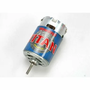 Traxxas Titan marine 550 motor fan-cooled 14 volts 24-turns. Includes motor capacitors. Does not include wires or connectors (requires soldering)