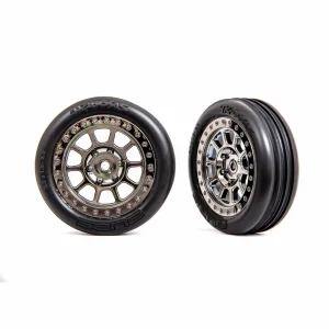 Traxxas Tyres + wheels, assembled (2.2 black chrome wheels, Alias ribbed 2.2 Tyres) (2) (Bandit front, medium compound w/ foam inserts)