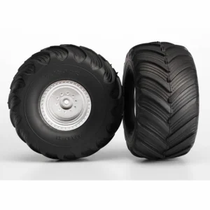 Traxxas Tires wheels assembled glued (satin chrome wheels Terra Groove dual profile tires foam inserts) (nitro rear/ electric front) (2)