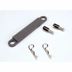 Traxxas Battery hold-down plate (grey) / metal posts (2) / body clips (2)