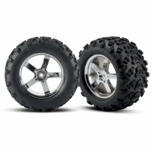 Traxxas 6.3 Inch MAXX Tyres - Pre Glued On 3.8 Chrome Hurricane Wheels - Pair - 14mm Hex