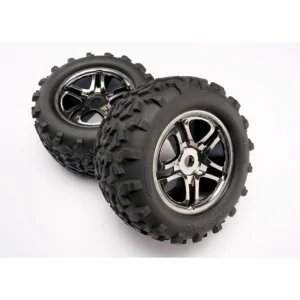 Traxxas Tires wheels assembled glued (SS (Split Spoke) black chrome wheels MAXX tires (6.3 outer diameter) foam inserts) (2) (use with 17mm splined wheel hubs nuts part 5353X) (fits MAXX/Revo series) (TSM rated)