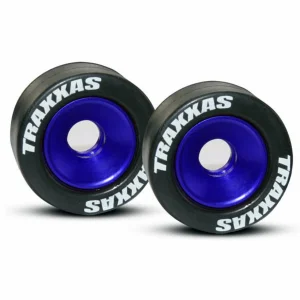 Traxxas Rubber Tires Mounted on Blue-Anodized Wheelie Bar Wheels (2)/ 5x8mm Ball Bearings (4)/ Axles (2)