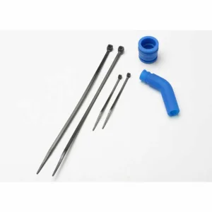 Traxxas Pipe coupler molded (blue)/ exhaust deflecter (rubber blue)/ cable ties long (2)/ cable ties short (2)