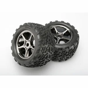 Traxxas Talon tires Gemini black chrome wheels foam inserts (assembled glued) (2) (use with 17mm splined wheel hubs nuts) (TSM rated)
