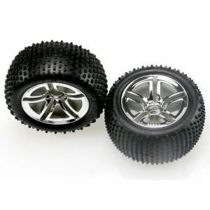 Traxxas Alias tires Twin-Spoke chrome wheels foam inserts (assembled and glued) (nitro rear) (2)