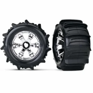 Traxxas Revo/MAXX Paddle Tyres Assembled on Geode Chrome 17mm Splined Hex Wheels - 1 Pair