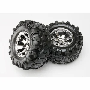 Traxxas Tires wheels assembled glued (Geode chrome wheels Canyon AT tires foam inserts) (2) (use with 17mm splined wheel hubs nuts part 5353X beadlock-style sidewall protectors part 5665 5666 5667)