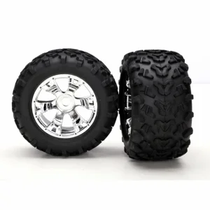 Traxxas Tires wheels assembled glued (Geode chrome wheels MAXX tires (6.3 outer diameter) foam inserts) (2) (use with 17mm splined wheel hubs nuts part 5353X beadlock-style sidewall protectors part 5665 5666 5667)